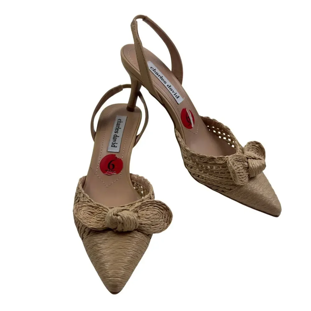 Charles David Allyson Natural Boho Raffia Bow Slingback Pumps Women's Size 6